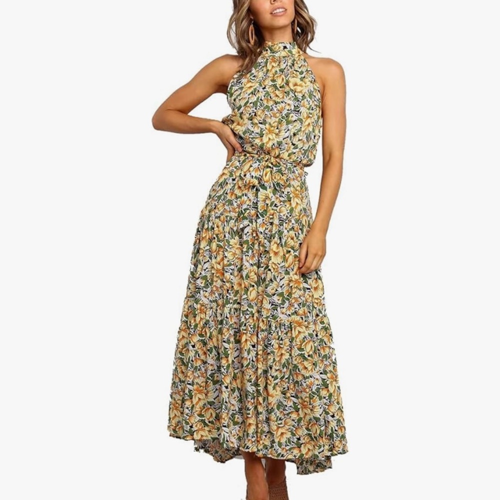 Anna-Kaci • Women’s Halter Neck Yellow Floral Long Maxi Sleeveless Dress S NWOT
